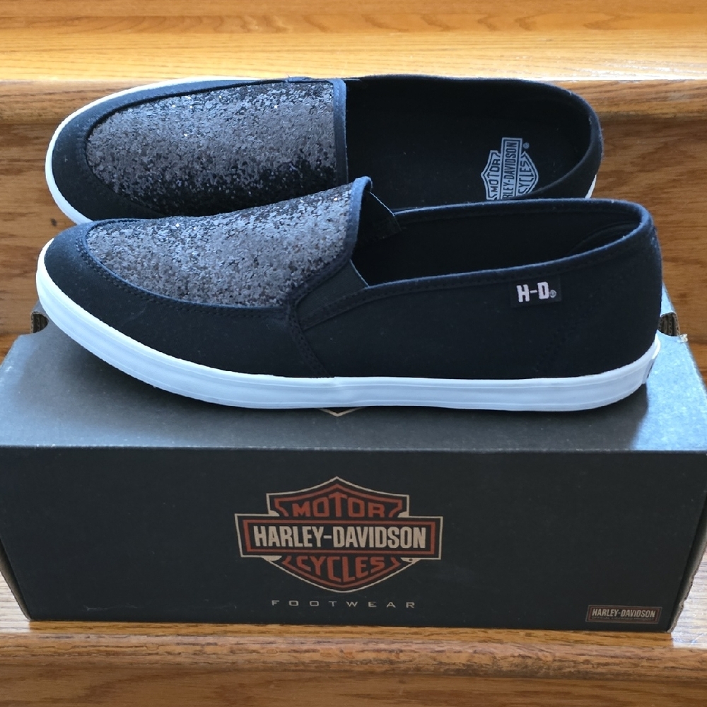 Harley-Davidson Black Glitter Slip-On Loafers